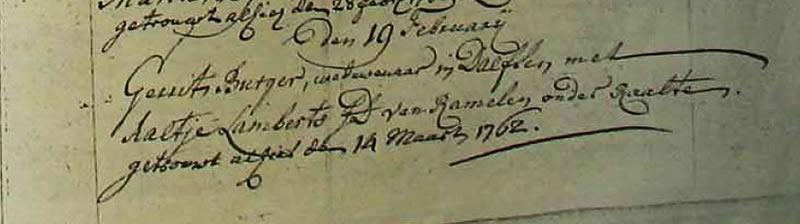 1762 Huwelijksakte Gerrit Borger en Aaltje Lamberts